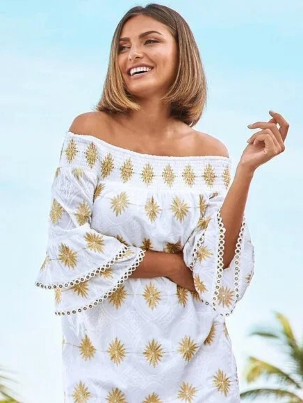 NWT Boston Proper Off-Shoulder White & Gold Embroidered Dress